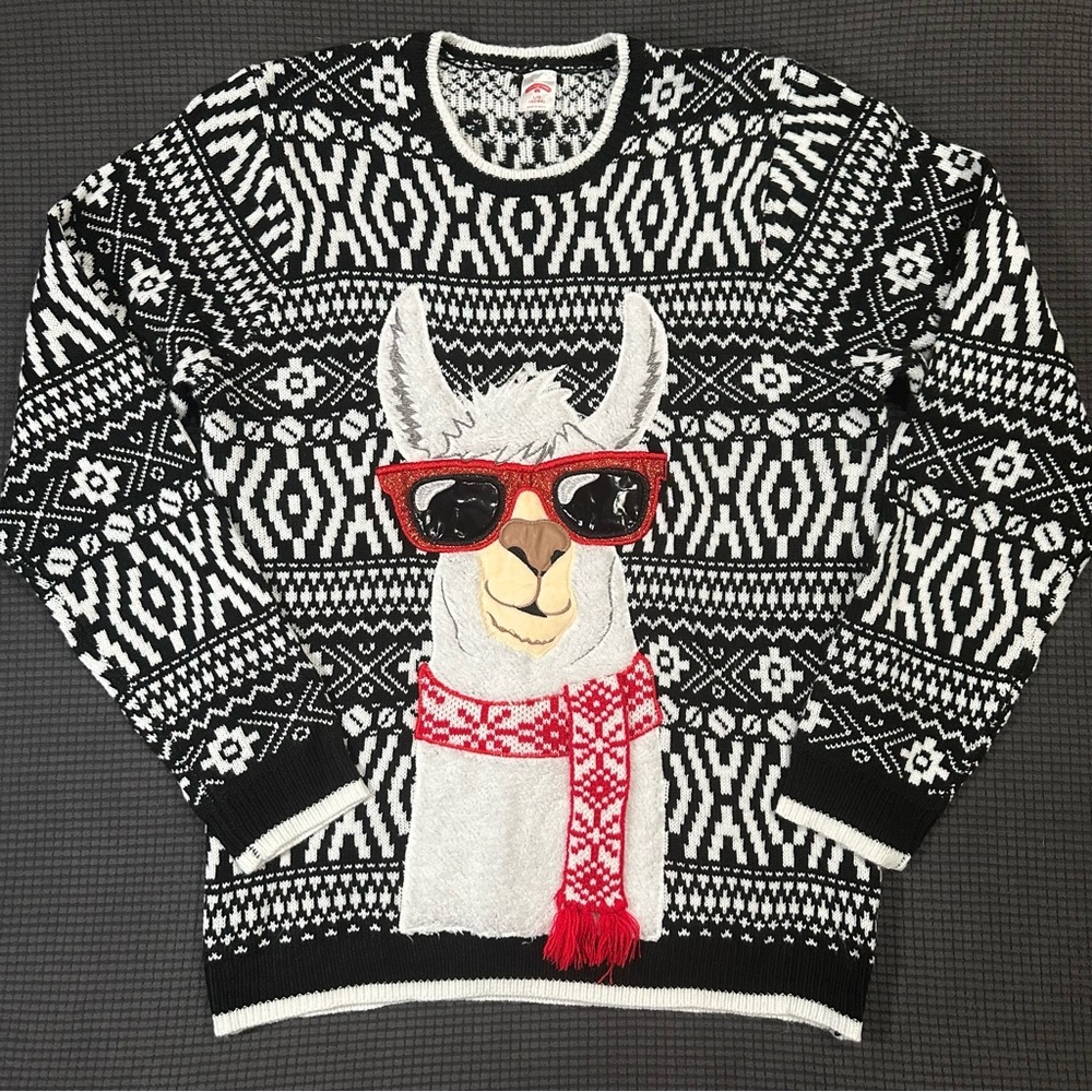 Black White Llama Ugly Christmas Sweater Red Glasses Scarf Size Large Festive